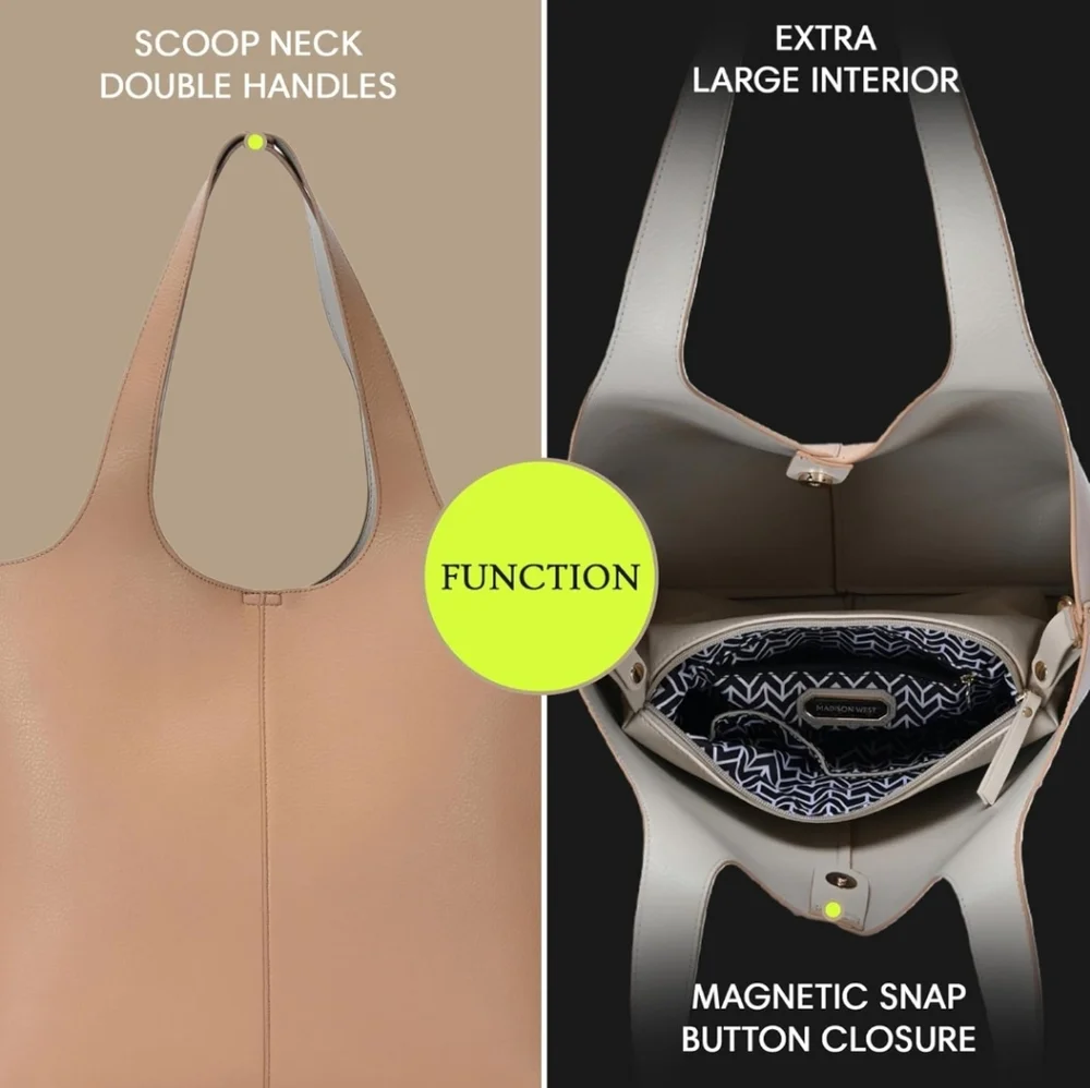 🆕Madison West Elle Tote | Vegan Leather Tote Bags w Double Handles & Scoop Neck - Picture 5 of 6